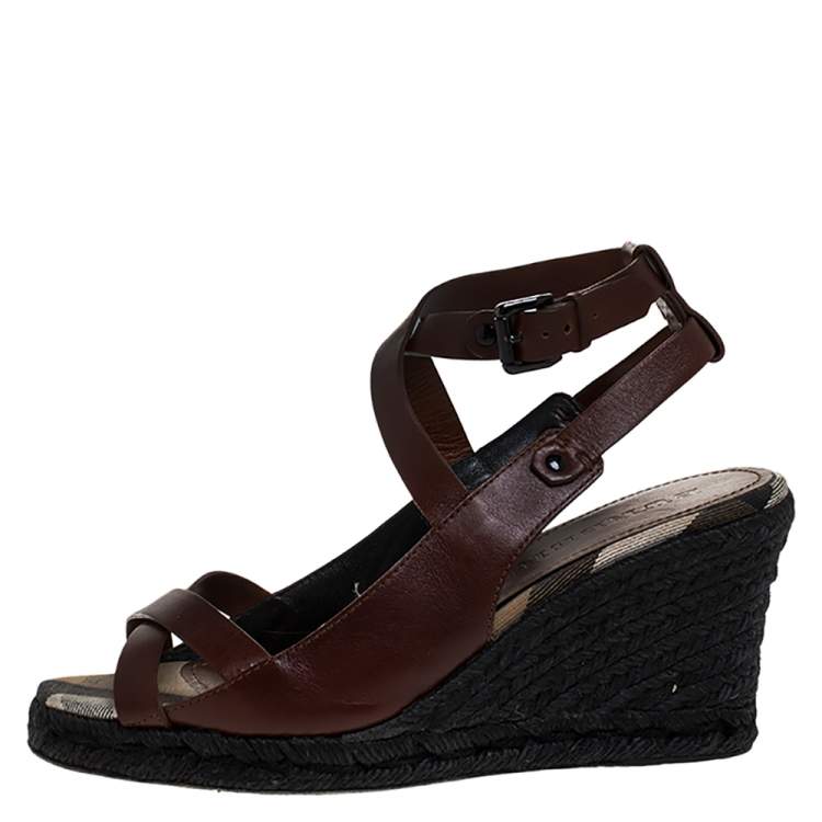 Pre Owned Burberry Brown Leather Cross Strap Espadrille Wedge Sandals Size 39
