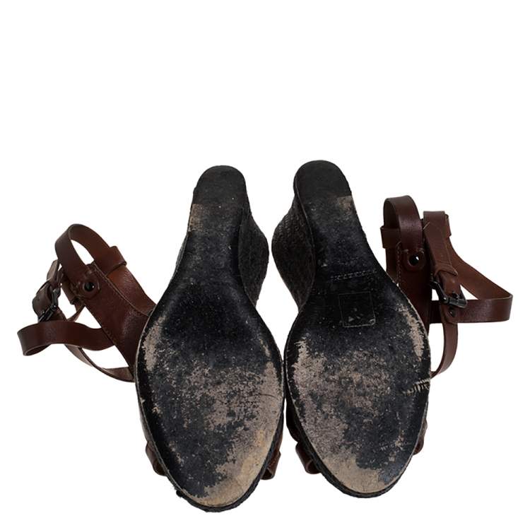 Pre Owned Burberry Brown Leather Cross Strap Espadrille Wedge Sandals Size 39