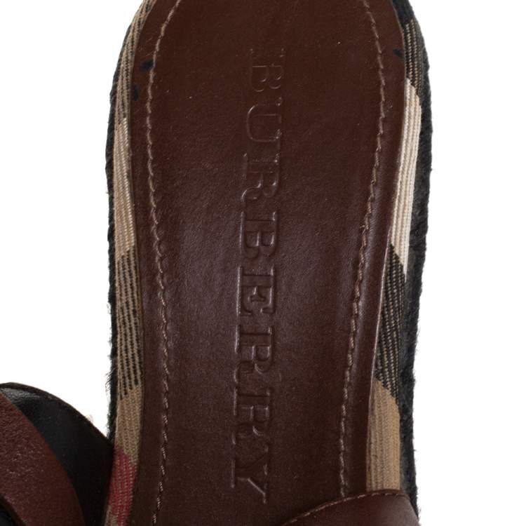 Pre Owned Burberry Brown Leather Cross Strap Espadrille Wedge Sandals Size 39