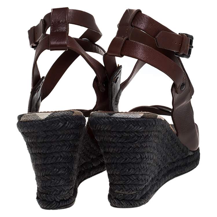 Pre Owned Burberry Brown Leather Cross Strap Espadrille Wedge Sandals Size 39
