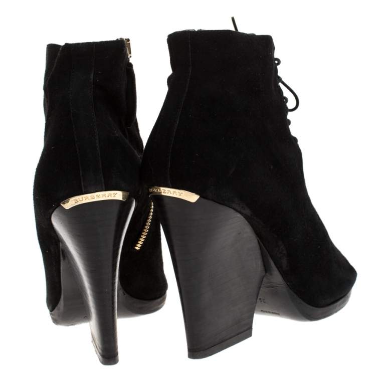 Pre Owned Burberry Black Suede Peep Toe Lace Up Booties Size 39