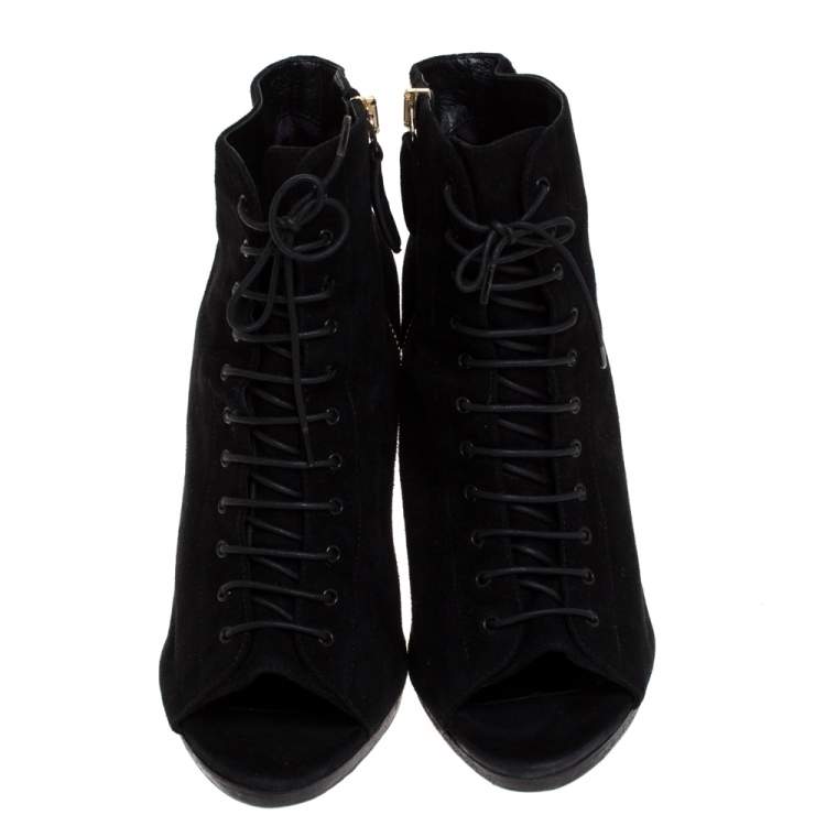 Pre Owned Burberry Black Suede Peep Toe Lace Up Booties Size 39