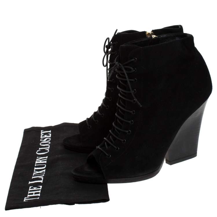 Pre Owned Burberry Black Suede Peep Toe Lace Up Booties Size 39