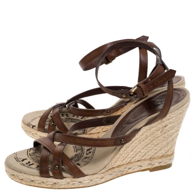 Pre Owned Burberry Brown Leather Wedge Strappy Sandals Size 36