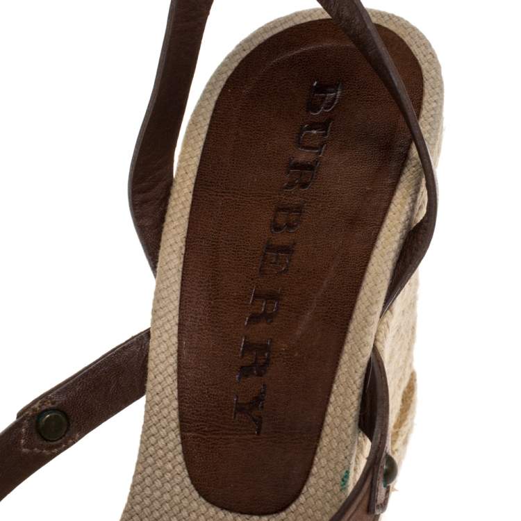 Pre Owned Burberry Brown Leather Wedge Strappy Sandals Size 36