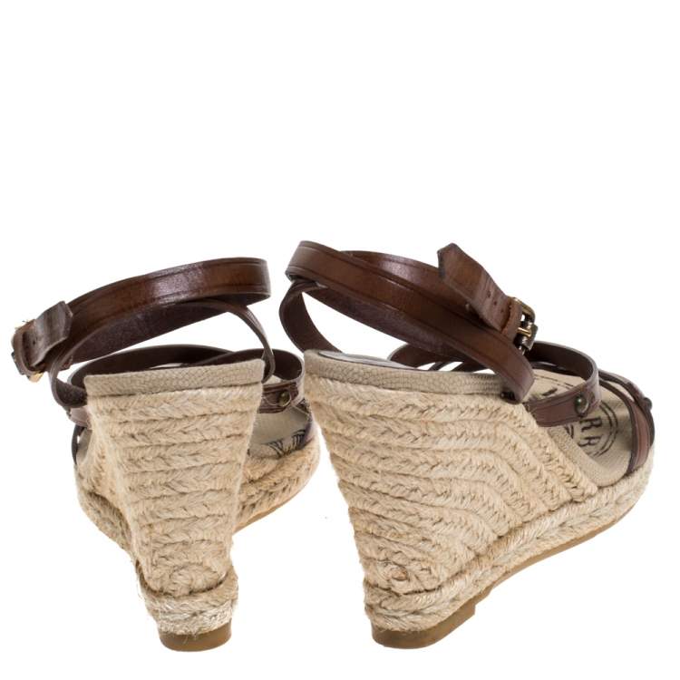 Pre Owned Burberry Brown Leather Wedge Strappy Sandals Size 36