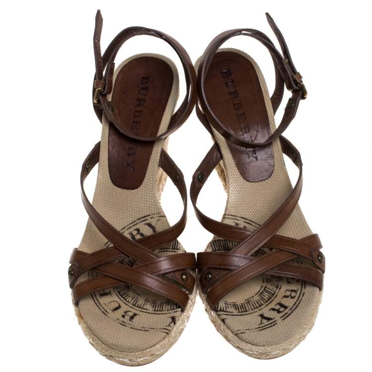 Pre Owned Burberry Brown Leather Wedge Strappy Sandals Size 36
