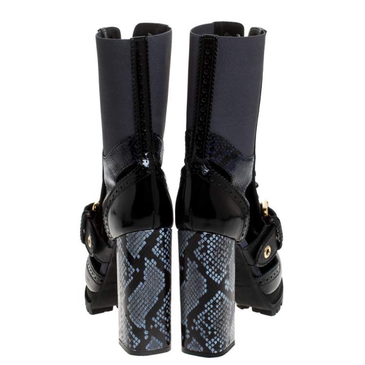 Pre Owned Burberry Black/Blue Leather And Snake Skin Buckle Mid Calf Boots Size 40