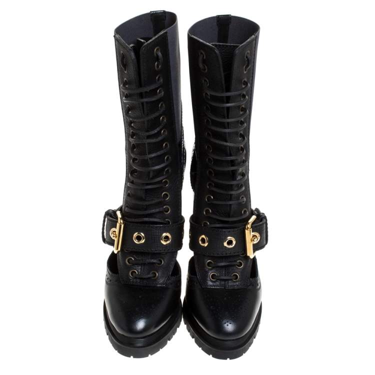 Pre Owned Burberry Black/Blue Leather And Snake Skin Buckle Mid Calf Boots Size 40