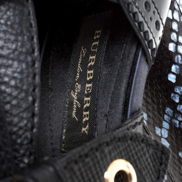 Pre Owned Burberry Black/Blue Leather And Snake Skin Buckle Mid Calf Boots Size 40