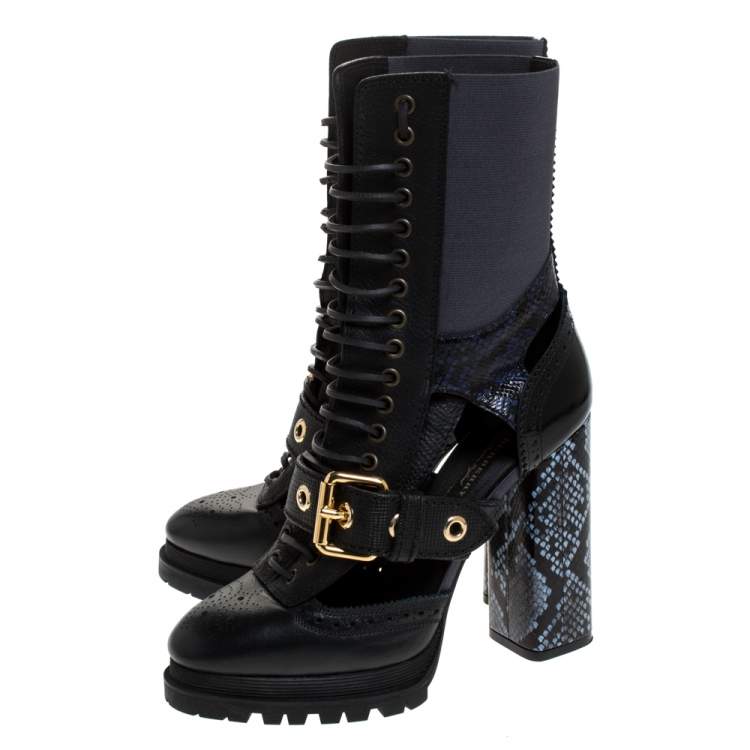 Pre Owned Burberry Black/Blue Leather And Snake Skin Buckle Mid Calf Boots Size 40