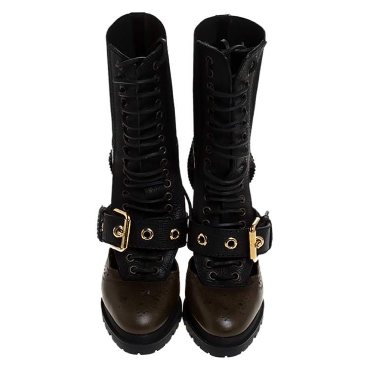 Pre Owned Burberry Black/Brown Leather and Snakeskin Water Marsh Ankle Boots Size 38.5