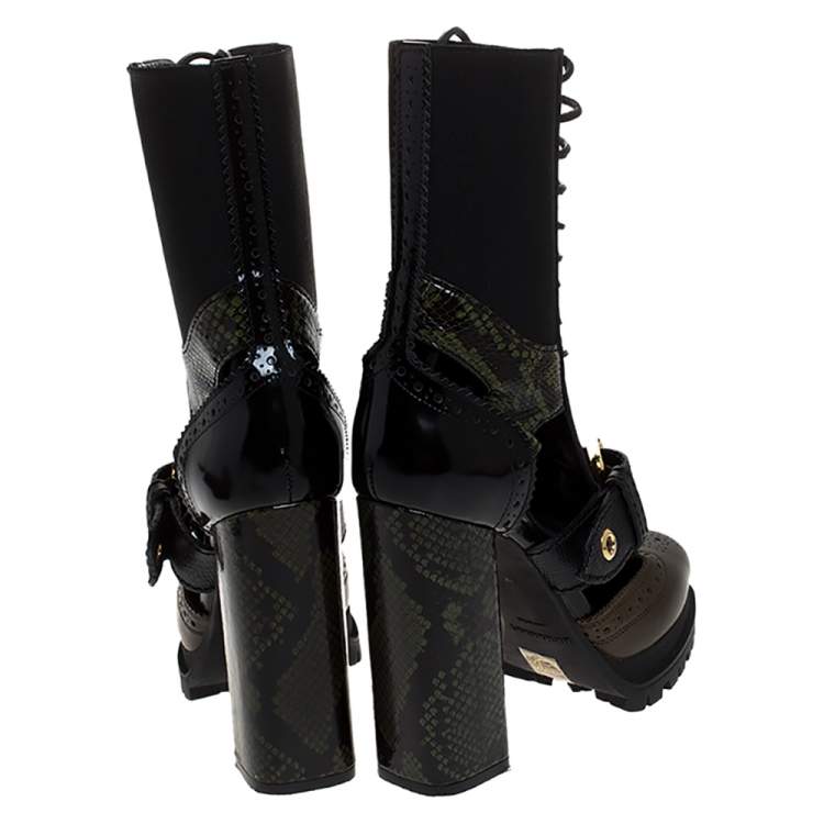 Pre Owned Burberry Black/Brown Leather and Snakeskin Water Marsh Ankle Boots Size 38.5