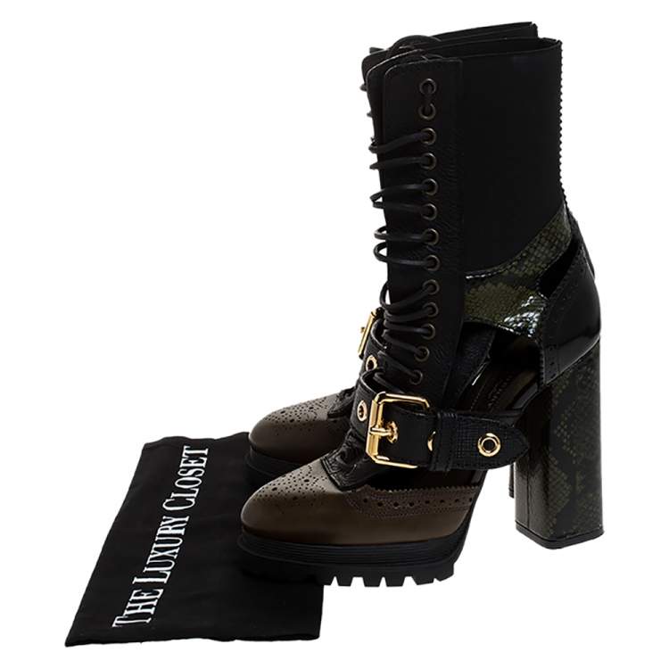 Pre Owned Burberry Black/Brown Leather and Snakeskin Water Marsh Ankle Boots Size 38.5