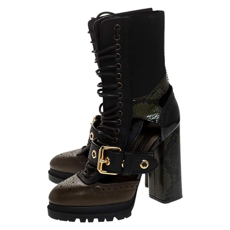 Pre Owned Burberry Black/Brown Leather and Snakeskin Water Marsh Ankle Boots Size 38.5