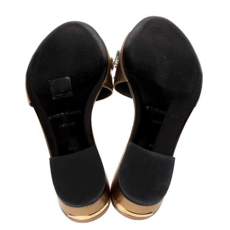 Pre Owned Burberry Metallic Gold Leather Crystal Embellished Flat Slides Size 38.5