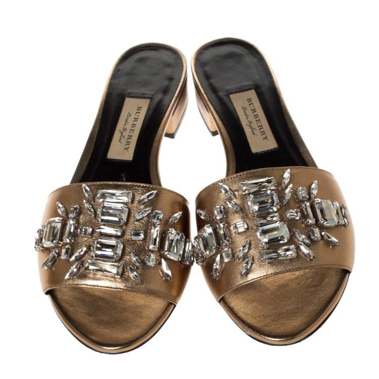 Pre Owned Burberry Metallic Gold Leather Crystal Embellished Flat Slides Size 38.5