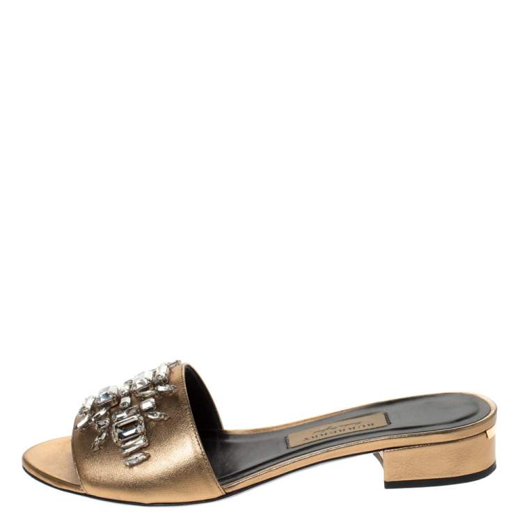 Pre Owned Burberry Metallic Gold Leather Crystal Embellished Flat Slides Size 38.5