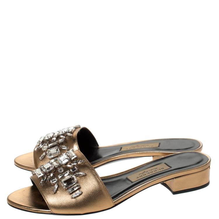 Pre Owned Burberry Metallic Gold Leather Crystal Embellished Flat Slides Size 38.5