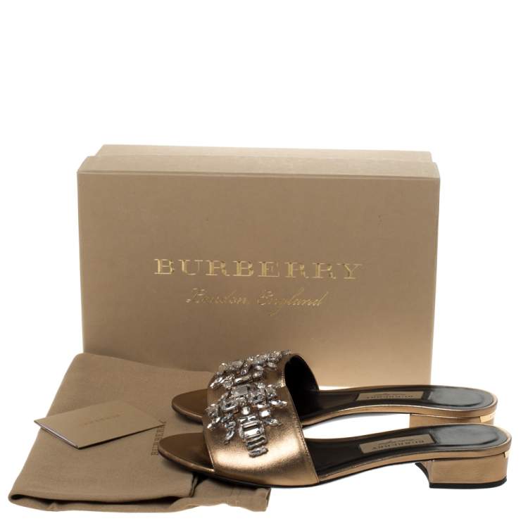 Pre Owned Burberry Metallic Gold Leather Crystal Embellished Flat Slides Size 38.5