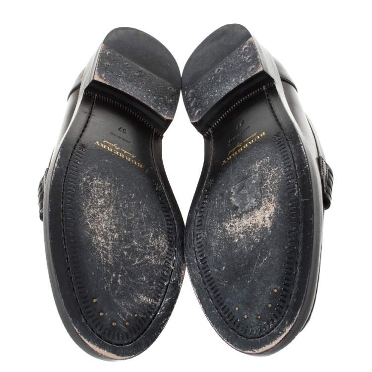 Pre Owned Burberry Black Leather Bedmont Eyelet Detail Penny Loafers Size 37