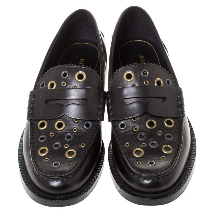 Pre Owned Burberry Black Leather Bedmont Eyelet Detail Penny Loafers Size 37