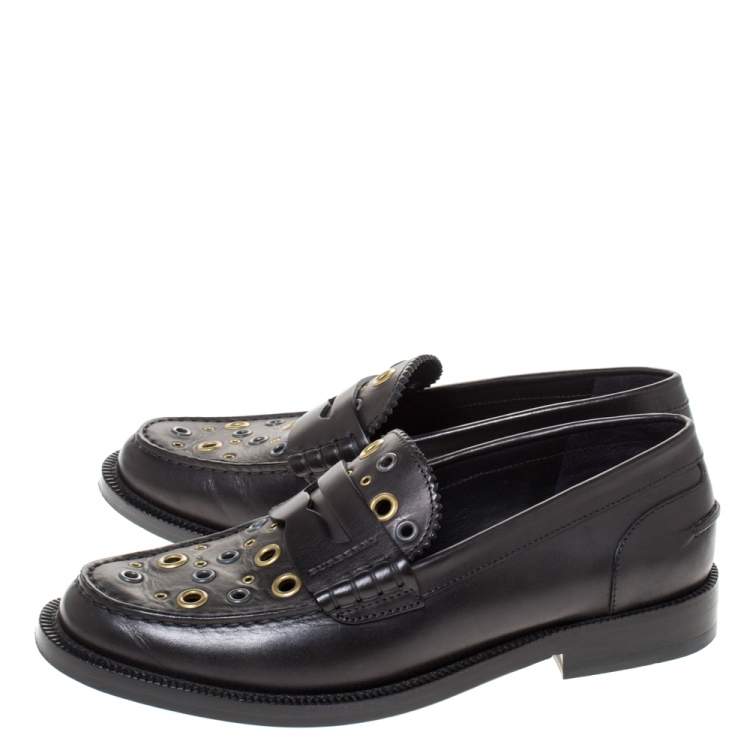 Pre Owned Burberry Black Leather Bedmont Eyelet Detail Penny Loafers Size 37