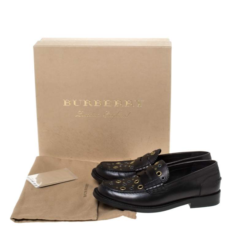 Pre Owned Burberry Black Leather Bedmont Eyelet Detail Penny Loafers Size 37