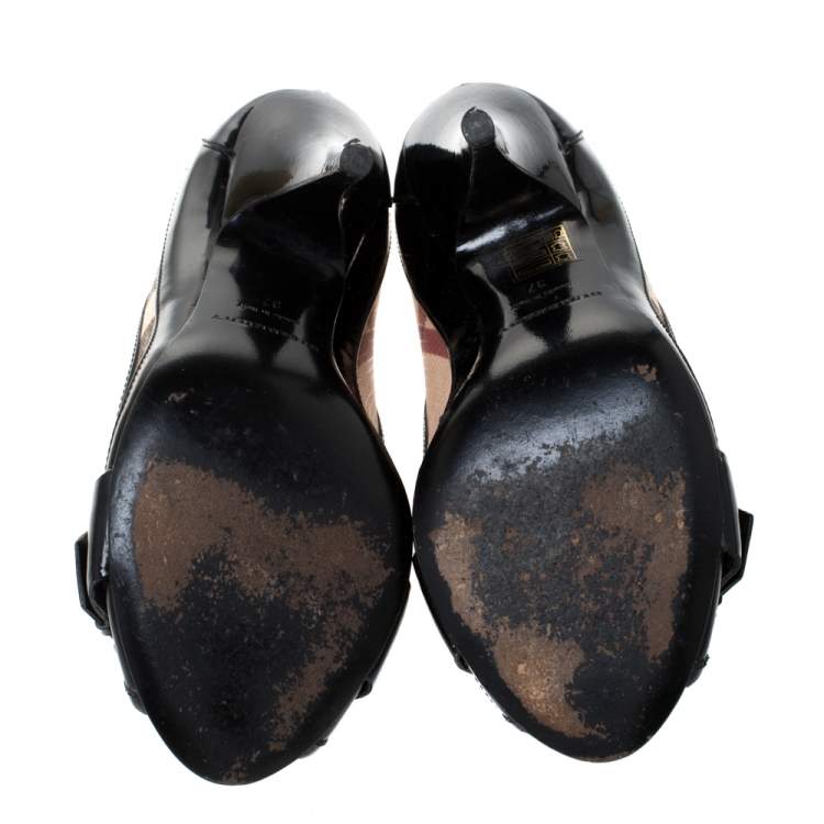 Pre Owned Burberry Black/Beige House Check Canvas and Patent Leather Buckle Peep Toe Pumps Size 37