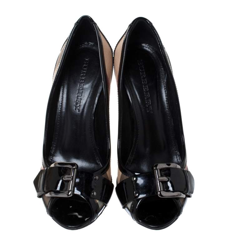 Pre Owned Burberry Black/Beige House Check Canvas and Patent Leather Buckle Peep Toe Pumps Size 37