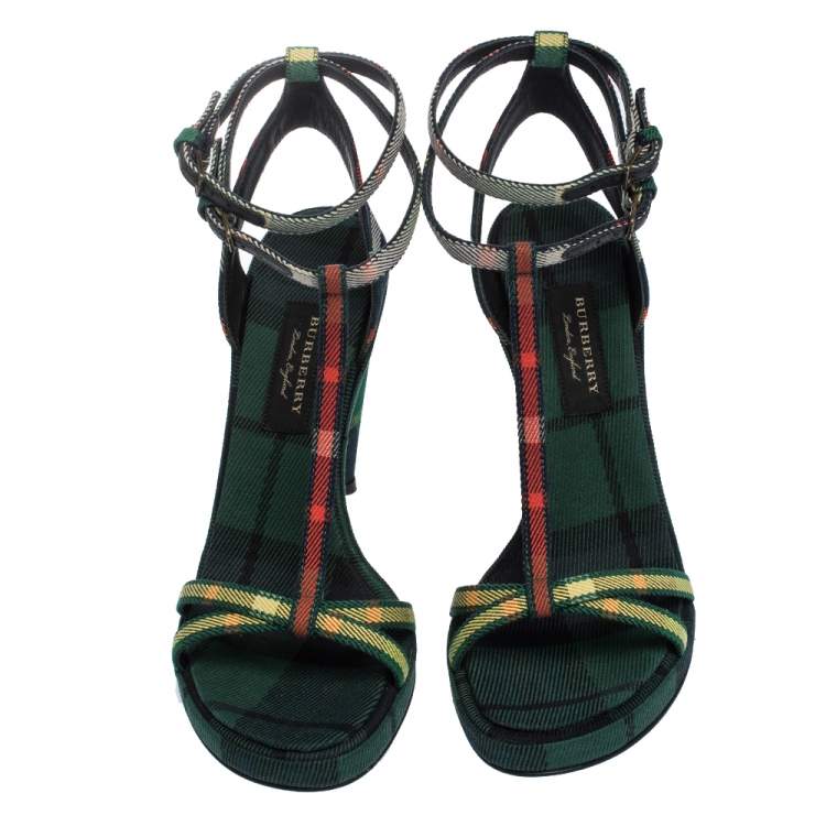 Pre Owned Burberry Green Novacheck Canvas Hans 110 T Strap Sandals Size 37