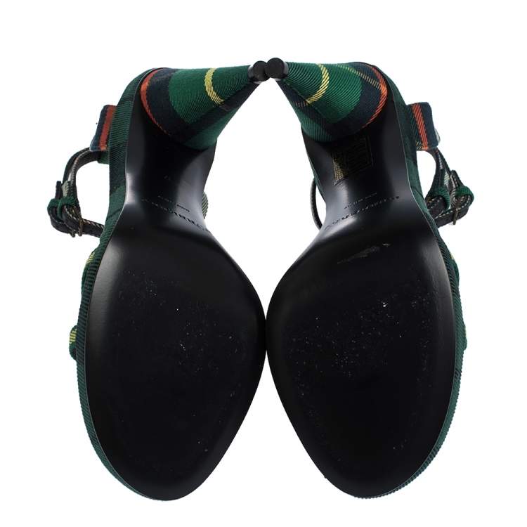 Pre Owned Burberry Green Novacheck Canvas Hans 110 T Strap Sandals Size 37