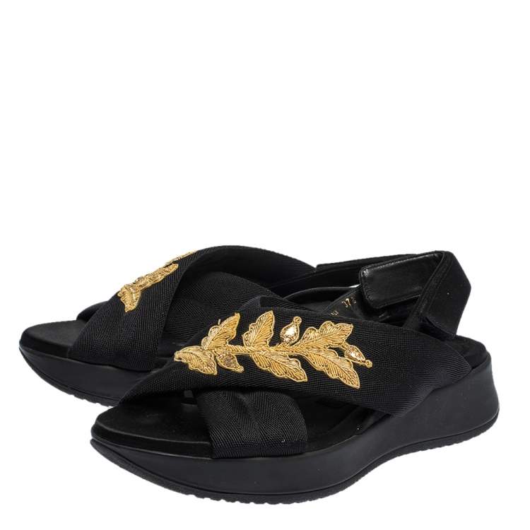 Pre Owned Burberry Black/Gold Embroidered Fabric and Satin Actonshire Crisscross Sandals Size 37.5