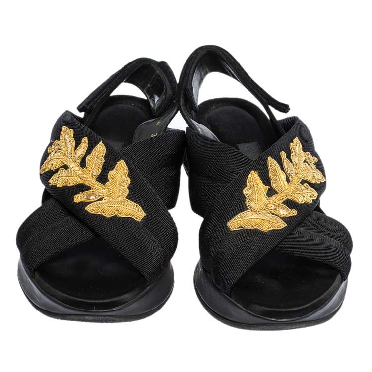 Pre Owned Burberry Black/Gold Embroidered Fabric and Satin Actonshire Crisscross Sandals Size 37.5