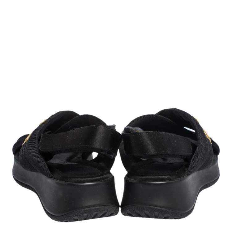 Pre Owned Burberry Black/Gold Embroidered Fabric and Satin Actonshire Crisscross Sandals Size 37.5