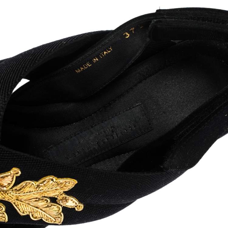 Pre Owned Burberry Black/Gold Embroidered Fabric and Satin Actonshire Crisscross Sandals Size 37.5