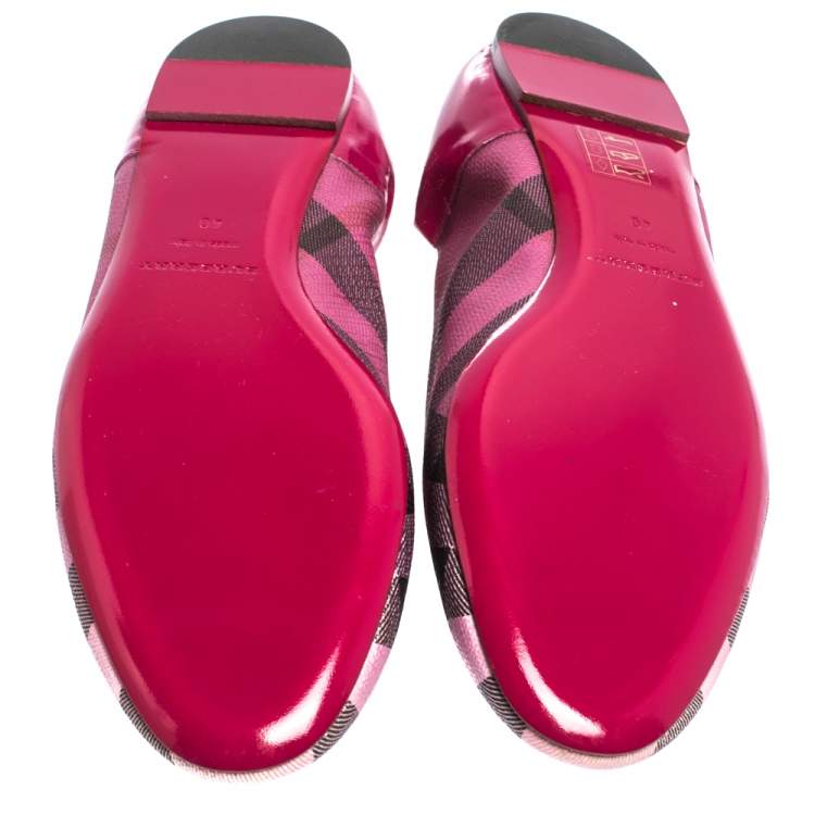 Pre Owned Burberry Dark Pink Leather And Check Canvas Nova Pop Degrade Scrunch Ballerina Size 40