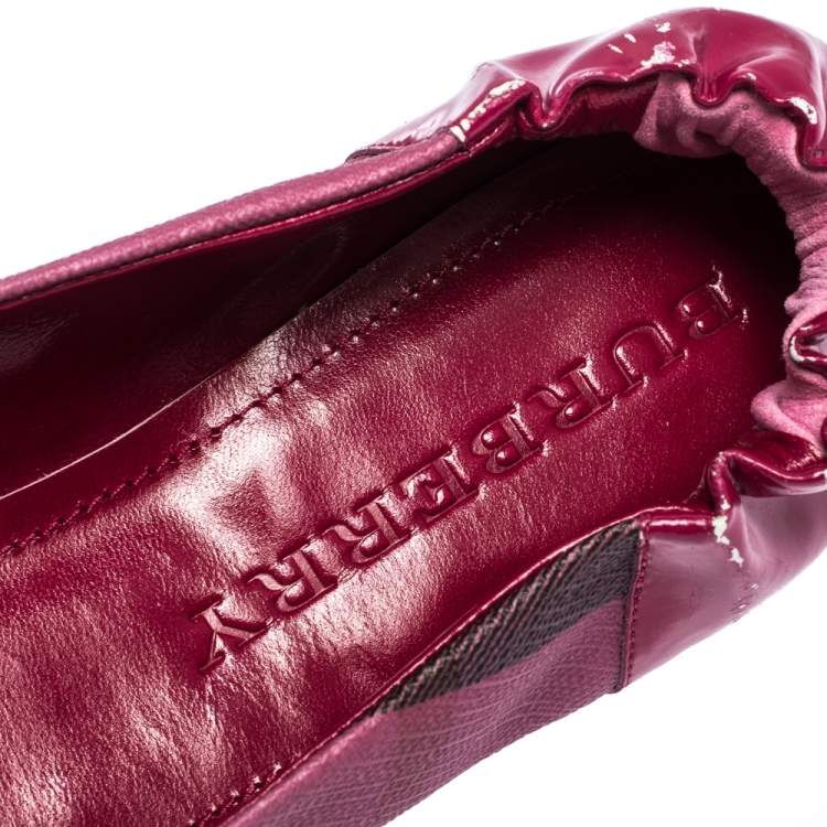 Pre Owned Burberry Dark Pink Leather And Check Canvas Nova Pop Degrade Scrunch Ballerina Size 40