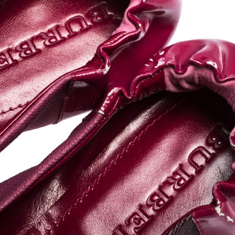 Pre Owned Burberry Dark Pink Leather And Check Canvas Nova Pop Degrade Scrunch Ballerina Size 40