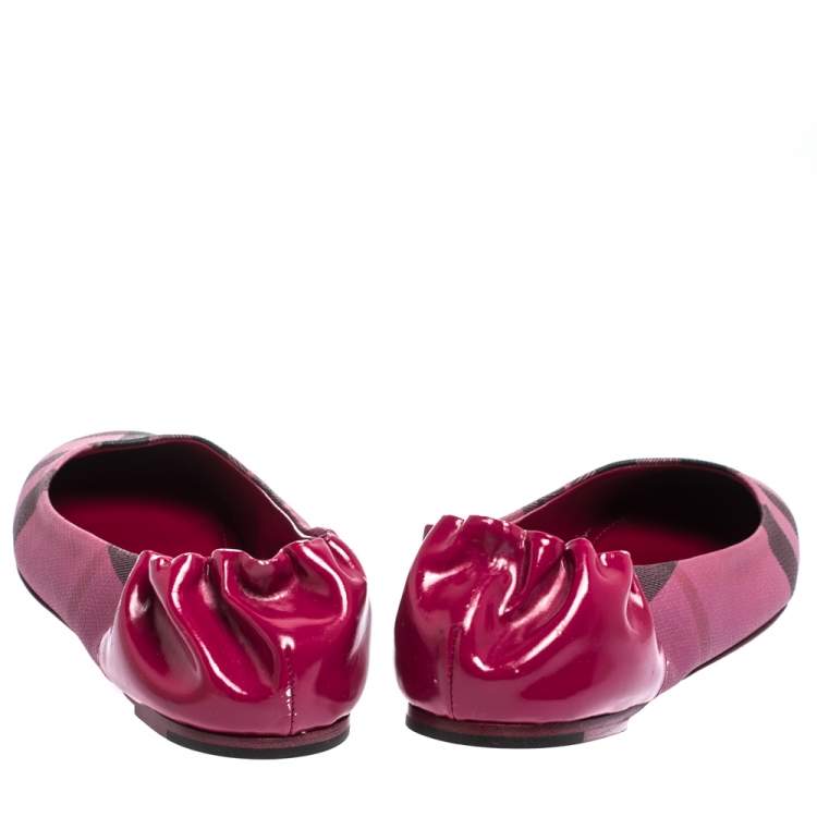 Pre Owned Burberry Dark Pink Leather And Check Canvas Nova Pop Degrade Scrunch Ballerina Size 40