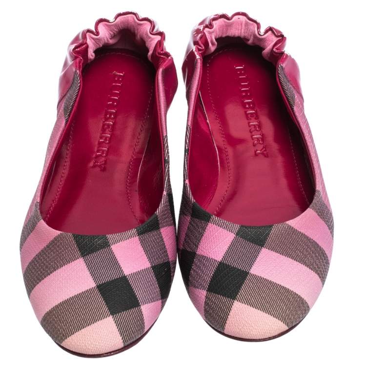 Pre Owned Burberry Dark Pink Leather And Check Canvas Nova Pop Degrade Scrunch Ballerina Size 40
