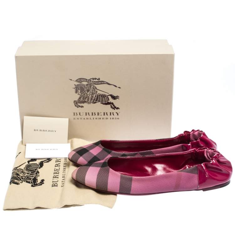 Pre Owned Burberry Dark Pink Leather And Check Canvas Nova Pop Degrade Scrunch Ballerina Size 40