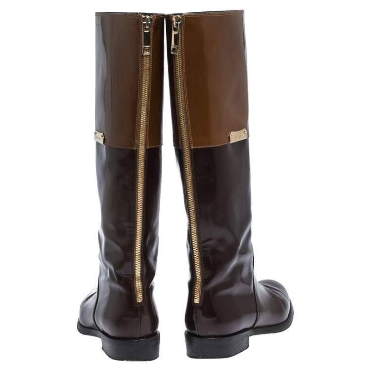 Pre Owned Burberry Two Tone Leather Logo Embellished Knee High Boots Size 37