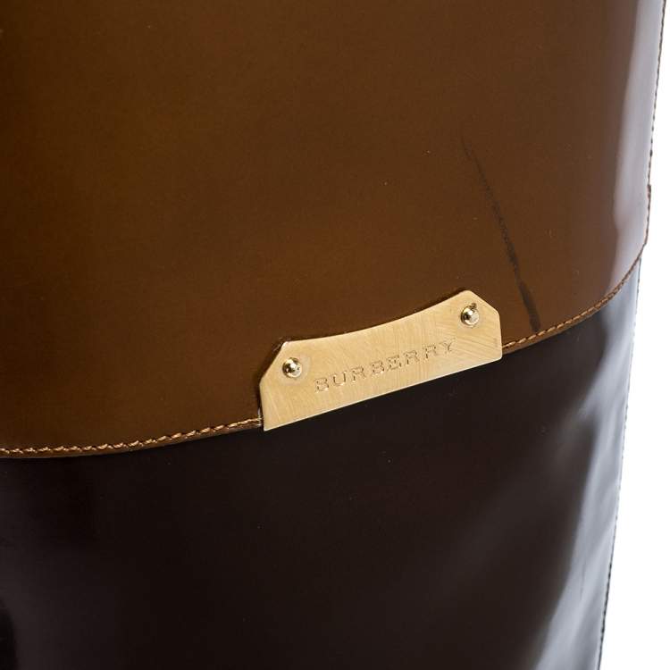 Pre Owned Burberry Two Tone Leather Logo Embellished Knee High Boots Size 37