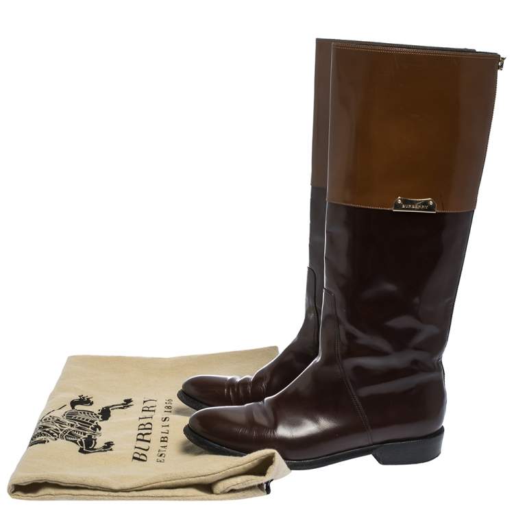Pre Owned Burberry Two Tone Leather Logo Embellished Knee High Boots Size 37