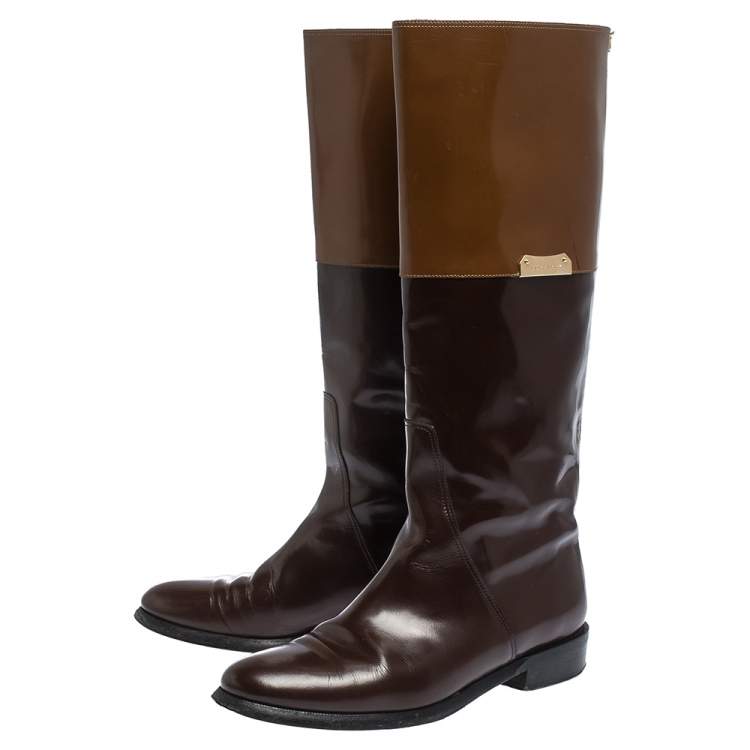 Pre Owned Burberry Two Tone Leather Logo Embellished Knee High Boots Size 37