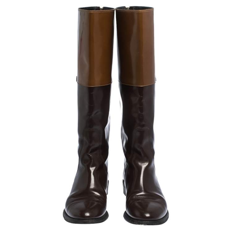 Pre Owned Burberry Two Tone Leather Logo Embellished Knee High Boots Size 37