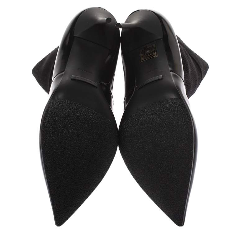 Pre Owned Burberry Black Patent Leather And Knit Stretch Fabric Pointed Toe Ankle Boots Size 38