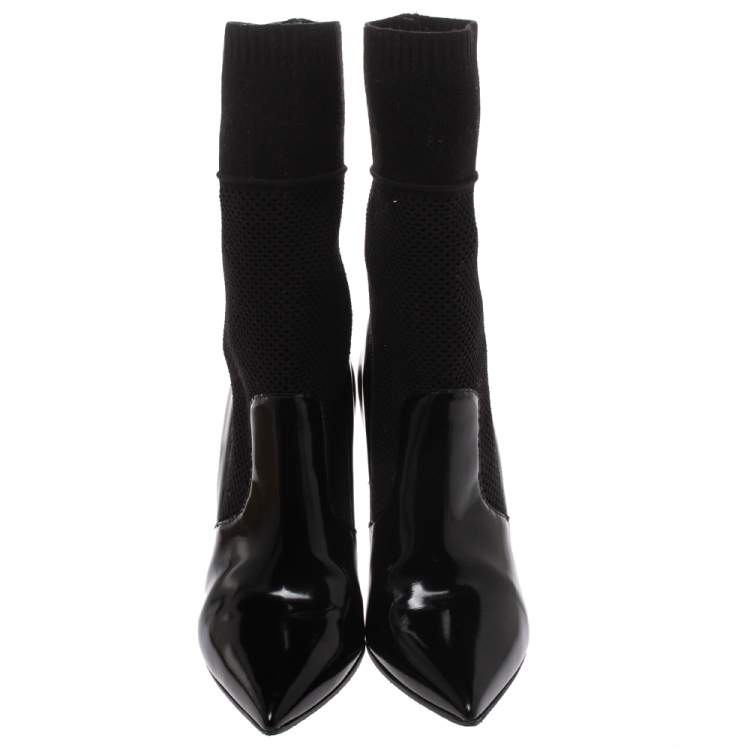 Pre Owned Burberry Black Patent Leather And Knit Stretch Fabric Pointed Toe Ankle Boots Size 38