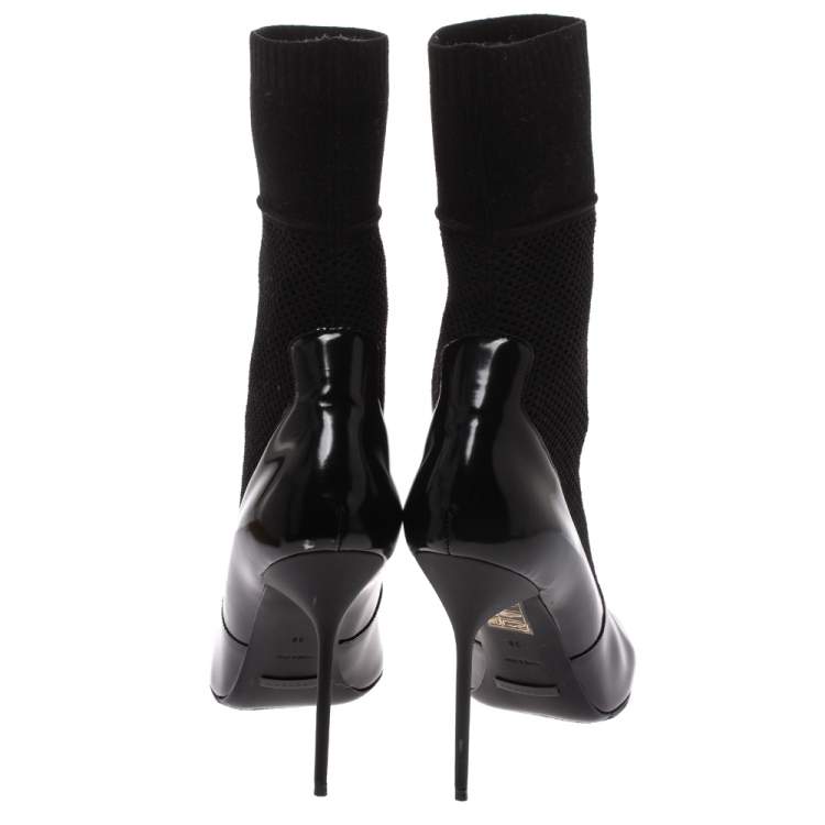 Pre Owned Burberry Black Patent Leather And Knit Stretch Fabric Pointed Toe Ankle Boots Size 38